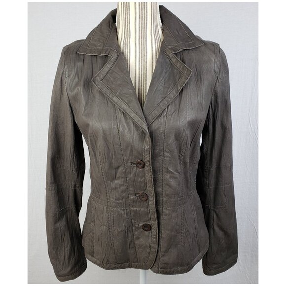 Anthropologie Tapemeasure 100% Leather Jacket Blazer Pockets Taupe Brown size 10 - Picture 2 of 16